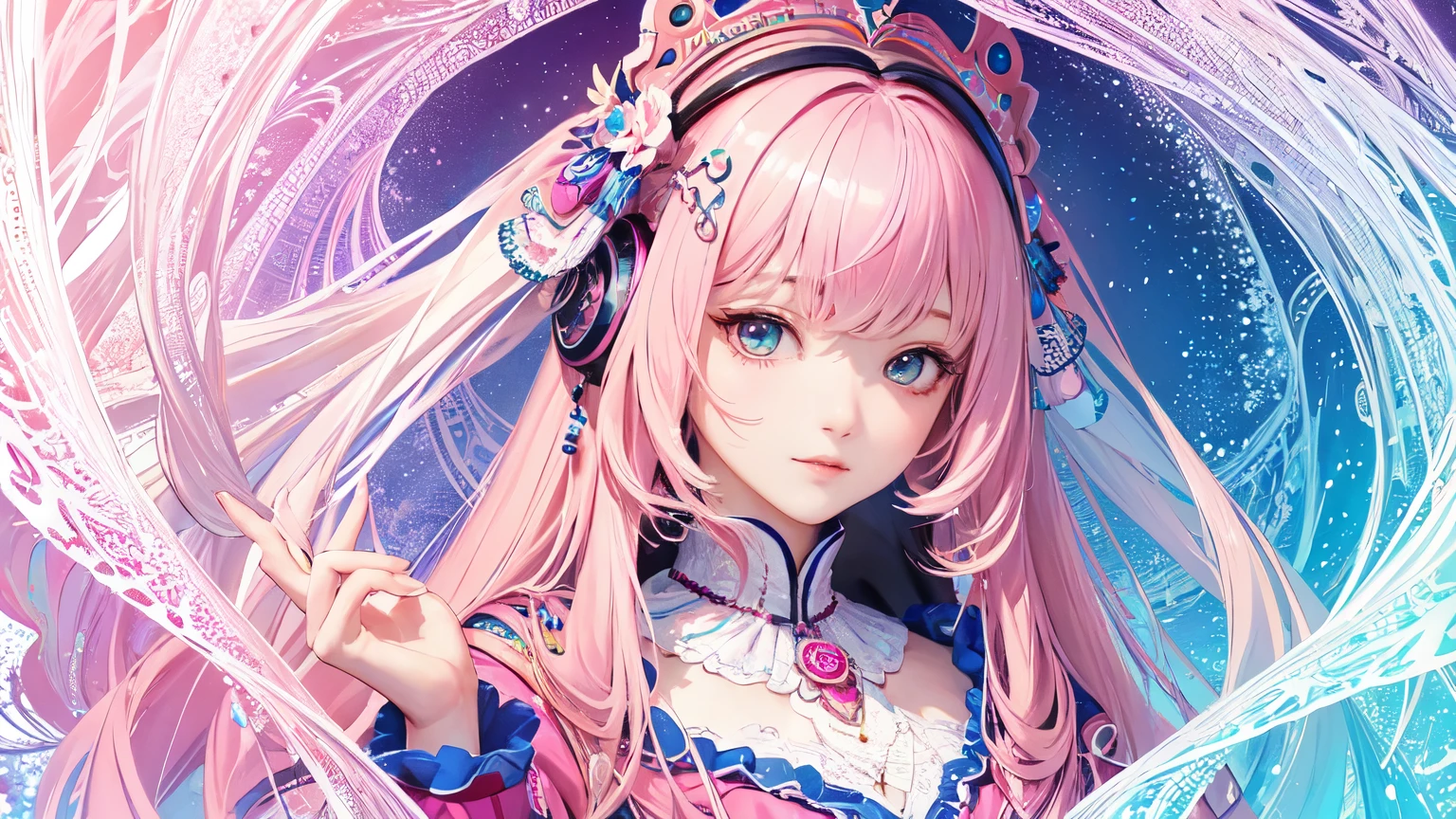 (masterpiece, highest quality, highest quality, Official Art, beautifully、aesthetic:1.2), (One girl), Very detailed,(Fractal Art:1.3),colorful,Most detailed pink hair、I have headphones on。