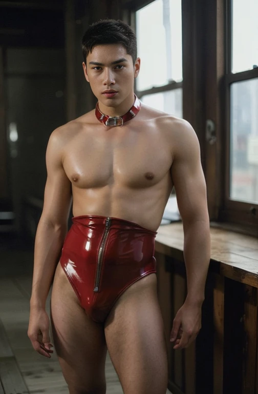 Japan man，Man,Youth，Best quality, crisp quality, Masterpiece, Highest resolution, Highly detailed, Red latex ，One-piece latex leotard，Tight latex ，No zipper，love heart，chest muscle，Full-body muscular figure，night club，mtu,Gay，head to toe，toeless legwear，mitts，Collar ,only boy , only male, buzz cut hairstyle  , wide pelvis ,  wide hips , phat hips , thick thighs, (((only male , only boy)))