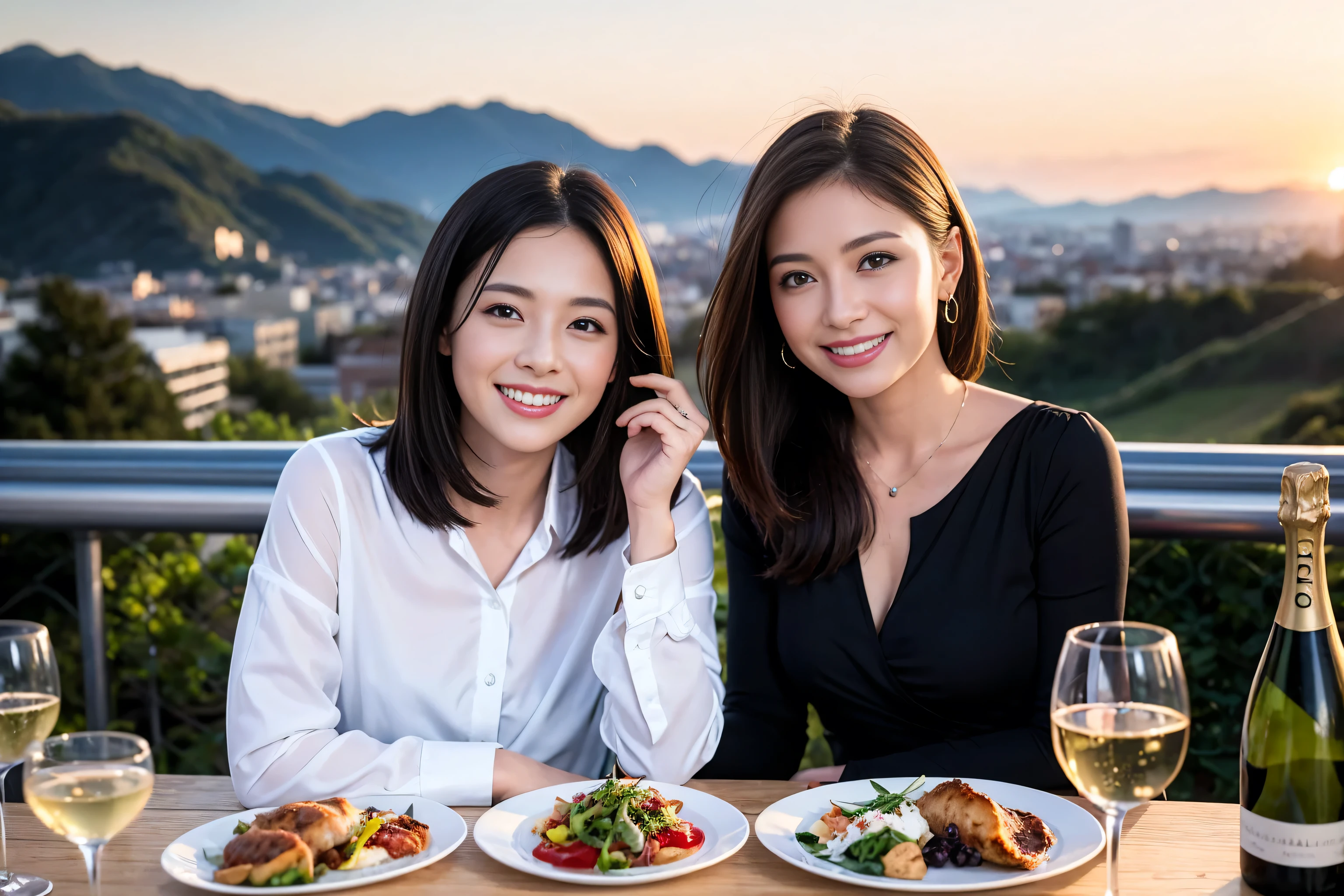 ((highest quality、8k、masterpiece:1.3))、1 male 1 female、Lovers、beautiful couple、Happy Smile、 (Slim face), (The body is スリム), (Brown Hair), (Shortcuts), ((Bob Hale、Straight hair:1.2)), Wine glass on the table、Please put light on my face、 Amazing view of the sunset sky and clouds、Amazing mountain views、The wonderfulness of smiles、Bright image、Blushing, Shortcuts,Bright Face、 (Age 35), 39 years old, red wine 、Appetizers、Italian food、Wine bottle、Champagne、sparkling wine、Long sleeve shirt、dress、Attractive beauty、restaurant, Nova Frog Style, actress, model, Upper Body, White wine, red wine, wine glass, 