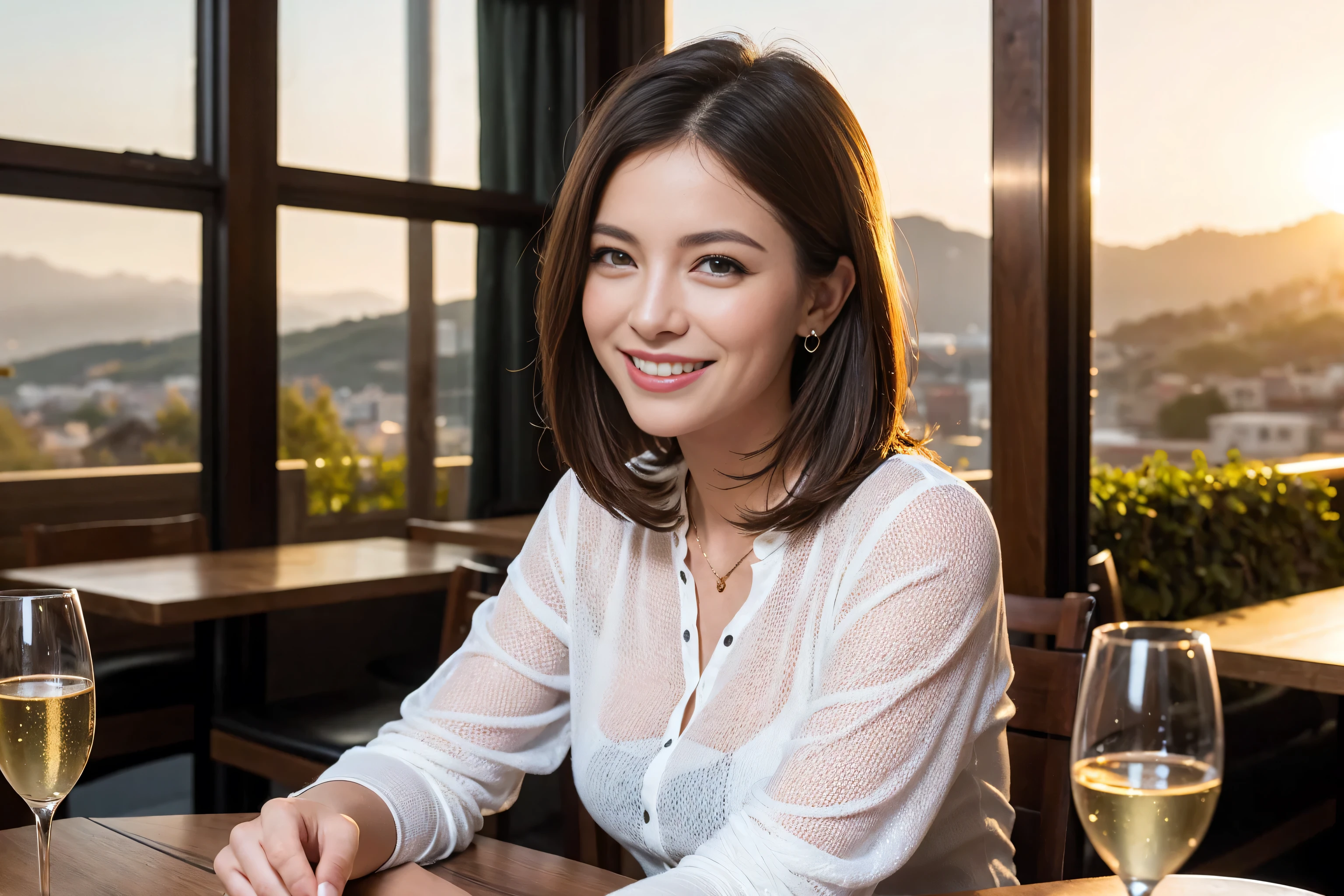 ((highest quality、8k、masterpiece:1.3))、1 male 1 female、Lovers、beautiful couple、Happy Smile、 (Slim face), (The body is スリム), (Brown Hair), (Shortcuts), ((Bob Hale、Straight hair:1.2)), Wine glass on the table、Please put light on my face、 Amazing view of the sunset sky and clouds、Amazing mountain views、The wonderfulness of smiles、Bright image、Blushing, Shortcuts,Bright Face、 (Age 35), 39 years old, red wine 、Appetizers、Italian food、Wine bottle、Champagne、sparkling wine、Long sleeve shirt、dress、Attractive beauty、restaurant, Nova Frog Style, actress, model, Upper Body, White wine, red wine, wine glass,