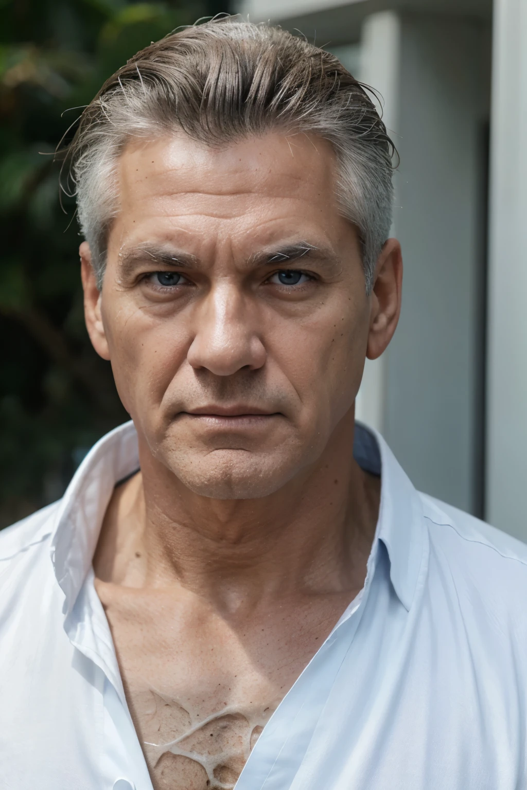 1man, american, 74 year old, handsome, muscular, jacked body, salt and pepper hairstyle, light blue eyes, wear white shirt in black gakuran, closer distance face, hd, high quality, 4k resolution