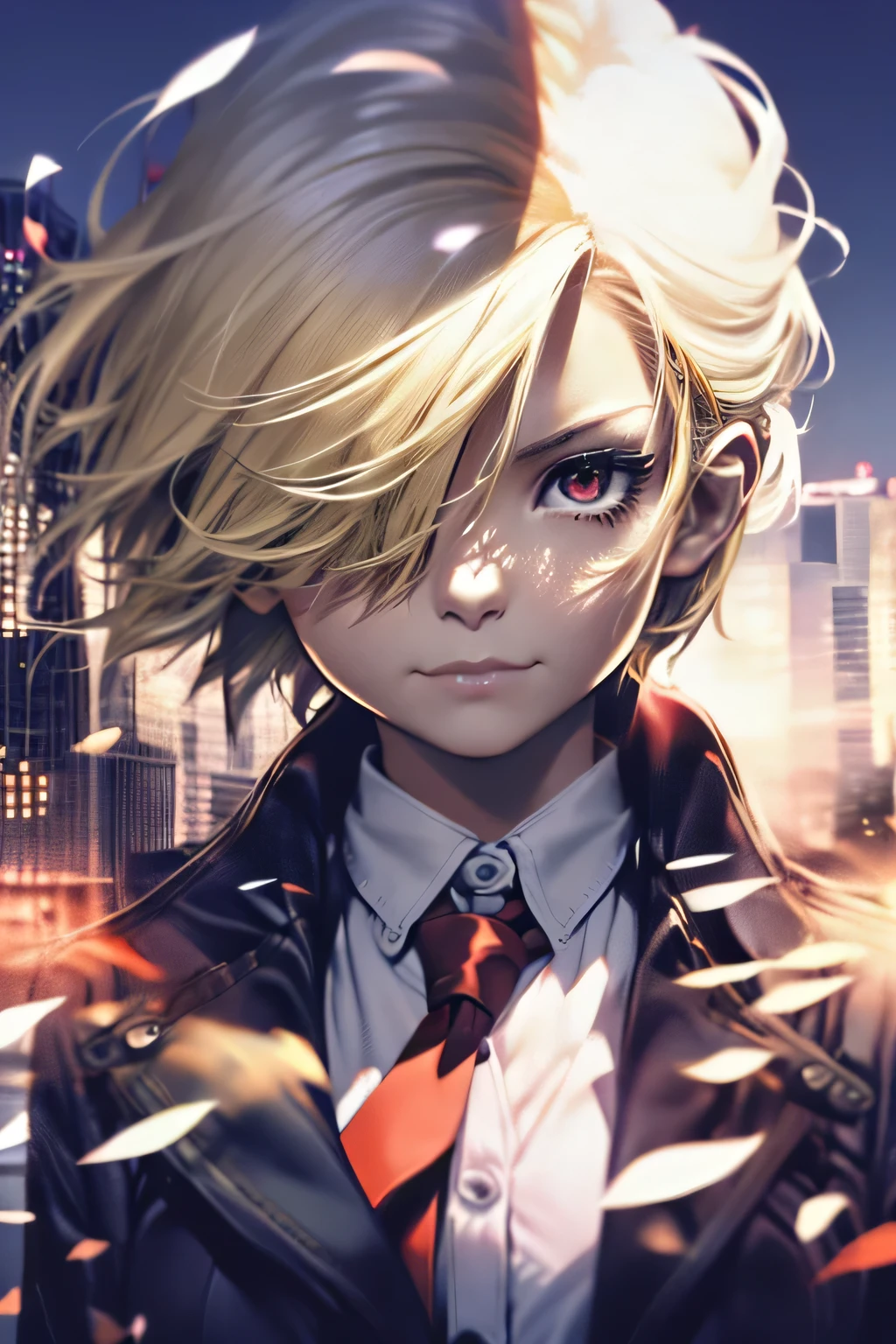 (((Barrette)))、(((Hair on one eye)))、(((Blonde short hair))),(Red eyes)、Blue blazer、White shirt、Red tie、Photorealistic、((Super multiple exposure effect where the background can be seen through the clothes))、With a girl、Laughter、Lakeside in the background、wonderful、towards the night view, If you leave the shutter open for a long time、create a line of light.