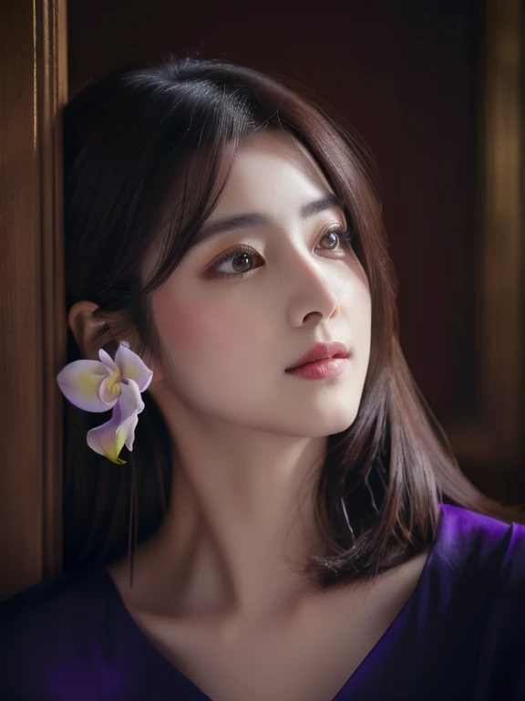 woman, Dilraba Dilmurat, color picture, high quality vertical, Her face was a purple flower., fan art, Soft portrait 8 k, beautiful beautiful face, ภาพwomanกับดอกไม้, beautiful portrait, Her face looked like an orchid., Delicate, beautiful face, 4k vertical color photo