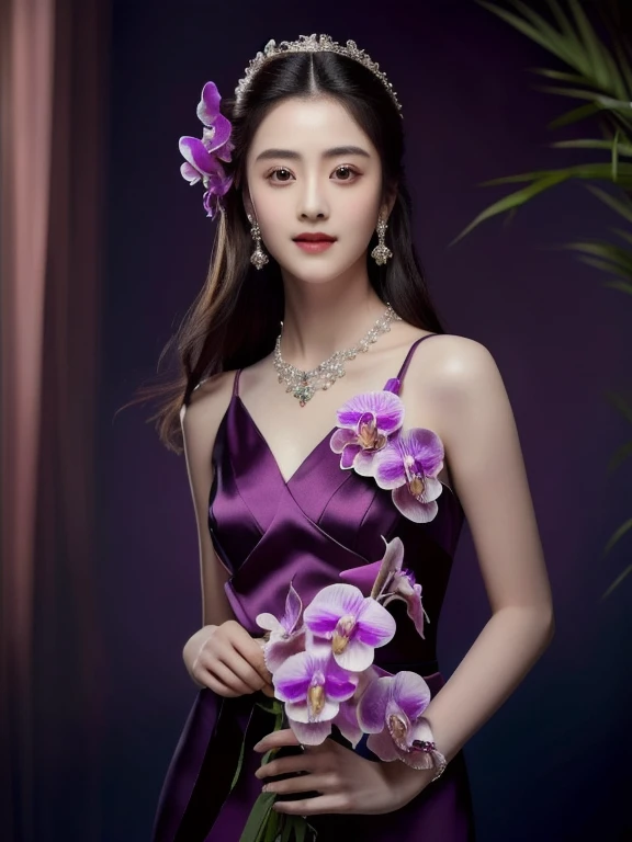 woman, Dilraba Dilmurat, color picture, high quality vertical, Her face was a purple flower., fan art, Soft portrait 8 k, beautiful beautiful face, ภาพwomanกับดอกไม้, beautiful portrait, Her face looked like an orchid., Delicate, beautiful face, 4k vertical color photo