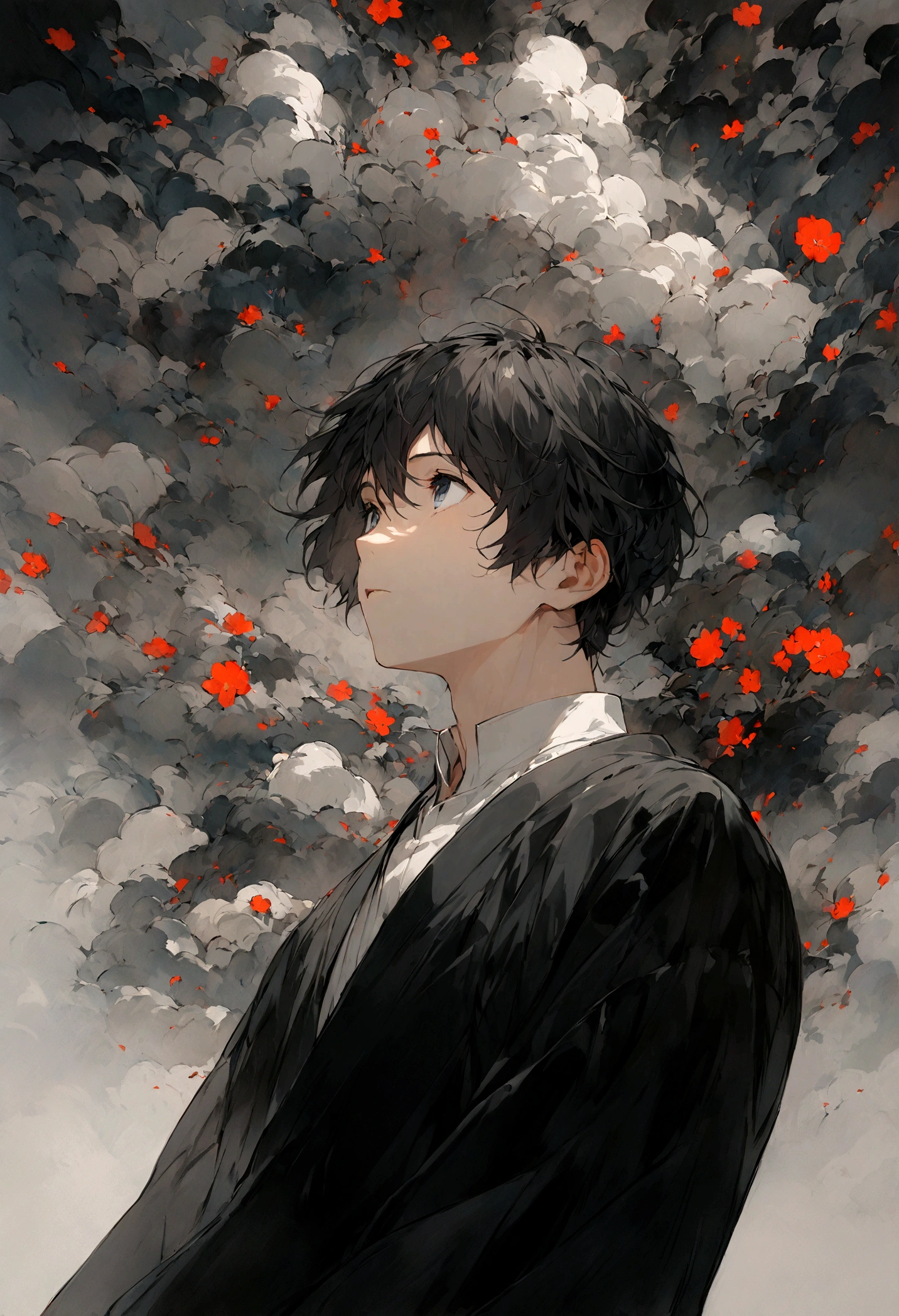 (masterpiece、highest quality）、No background required、Japanese,modern,Young man、His eyes are looking up and he is standing。he、Like a character from Makoto Shinkai&#39;s animated film、The painting is detailed and full of emotion.。