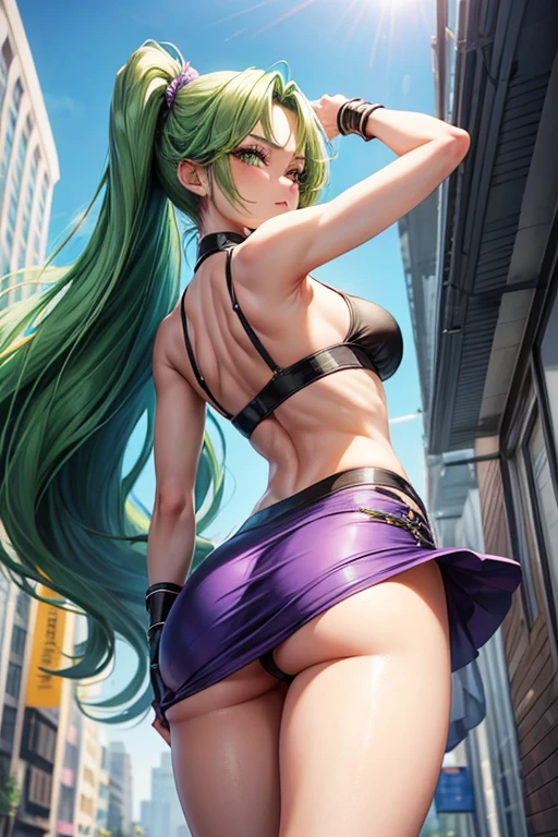 Draw Bella, an anime-style female character. long green hair, thin green eyebrows, green eyes. small firm and perky breasts, thin waist, big and perky ass, very hot athletic body. She is dancing funk with her body bent and knees bent with her hands on her knees, sticking her ass out and wiggling her hips. She is wearing a purple crop top and a full mini skirt swaying in the wind but without wearing panties, leaving her pussy exposed. wearing a thong underneath her skirt, buried in her ass, exposing her pussy. view from the back from the bottom up with the hot ass in focus.