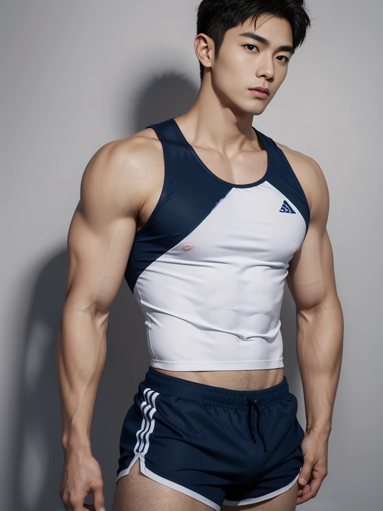 1 Handsome naked Japanese guy ,Sexy pose, A 20 year-old man wearing a Bare chest shirt and Excellent shorts stands against a white background, navy blue, navy blue, Sports T-shirt, blue, Excellent Sportswear, Gorgeous and sexy clothes, Sportswear, Short sleeve, Jinjinshen blue clothes, Tall young man, Tennis suits, 穿着Sportswear, dark blue decorative clothing,male,Bare chest,Full chest muscles,Swelling of chest muscles,Six-pack,Hips, Handsome,High,Muscles look good,hairy body,Sexy expression, Wheat complexion,black eyes(thin eyes 1:3),Full body image, Excellent, perfect dick shape, Perfect hand details,Detailed you, , Mostly juicy ass, The opening of your legs
