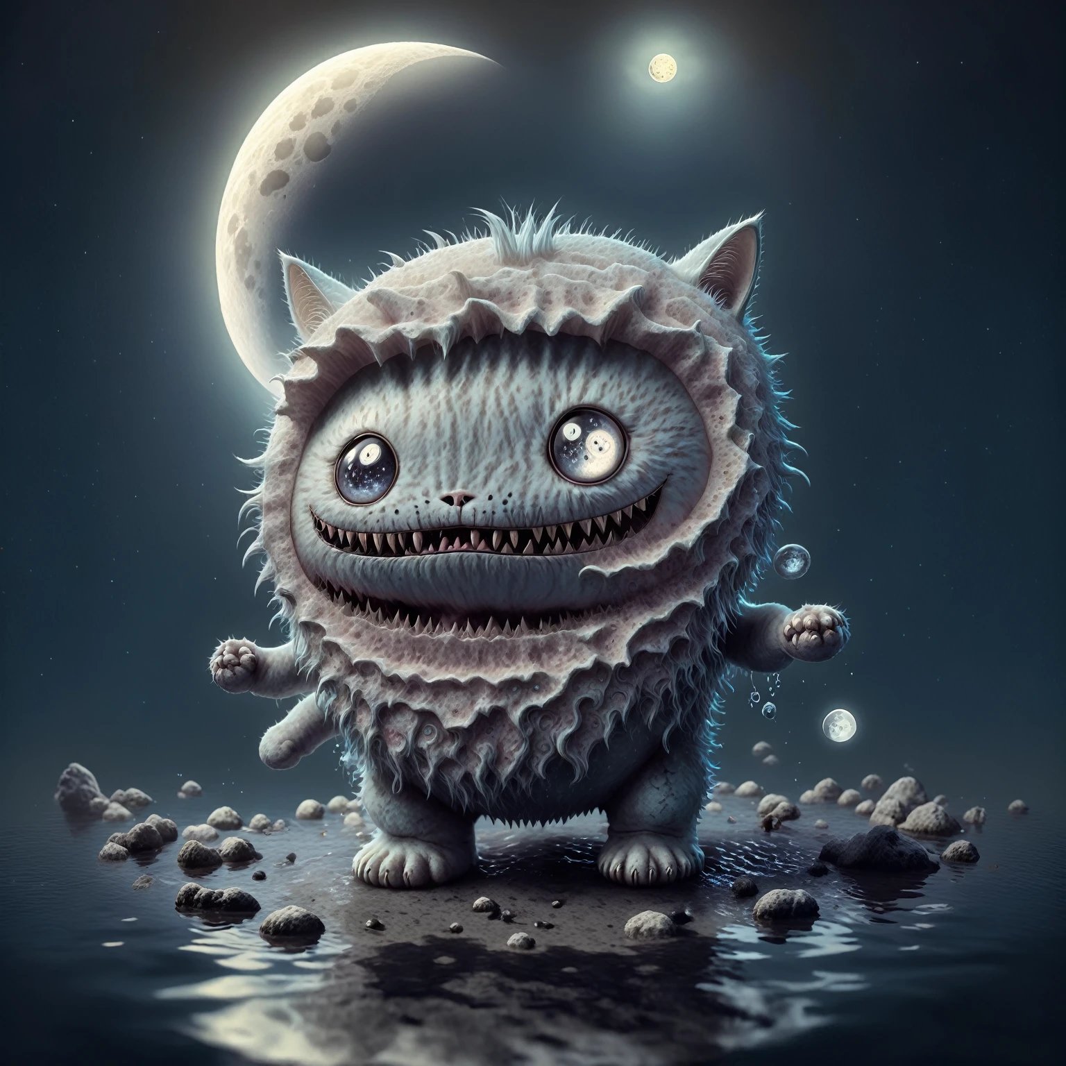 Cat cute monster, water, lake as a moon star, Horror,in (moon star:1.05) style,