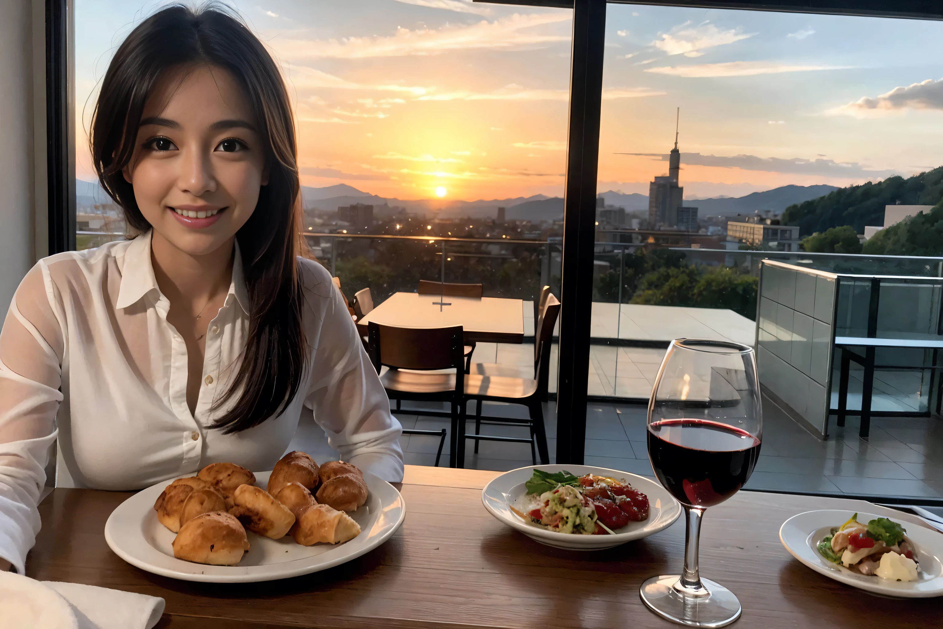 ((highest quality、8k、masterpiece:1.3))、1 male 1 female、Hirose Alice lookalike couple、Lovers、beautiful couple、Happy Smile、 (Slim face), (The body is スリム), (Brown Hair), (Shortcuts), ((Bob Hale、Straight hair:1.2)), Wine glass on the table、Please put light on my face、 Amazing view of the sunset sky and clouds、Amazing mountain views、The wonderfulness of smiles、Bright image、Blushing, Shortcuts,Bright Face、 (Age 37), 39 years old, red wine 、Appetizers、Italian food、Wine bottle、Champagne、sparkling wine、Long sleeve shirt、dress、Attractive beauty、restaurant, Nova Frog Style, actress, model, Upper Body, White wine, red wine, wine glass, 