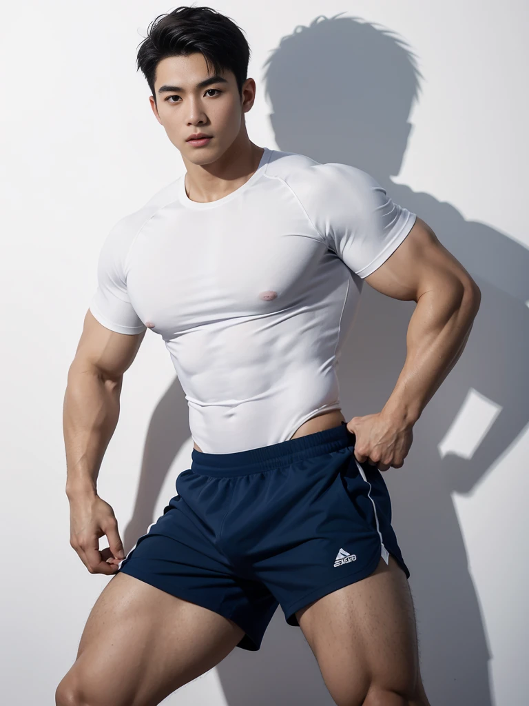 1 Handsome naked Japanese guy ,Sexy pose, A 20 year-old man wearing a Bare chest shirt and Excellent shorts stands against a white background, navy blue, navy blue, Sports T-shirt, blue, Excellent Sportswear, Gorgeous and sexy clothes, Sportswear, Short sleeve, Jinjinshen blue clothes, Tall young man, Tennis suits, 穿着Sportswear, dark blue decorative clothing,male,Bare chest,Full chest muscles,Swelling of chest muscles,Six-pack,Hips, Handsome,High,Muscles look good,hairy body,Sexy expression, Wheat complexion,black eyes(thin eyes 1:3),Full body image, Excellent, perfect dick shape, Perfect hand details,Detailed you, , Mostly juicy ass, The opening of your legs