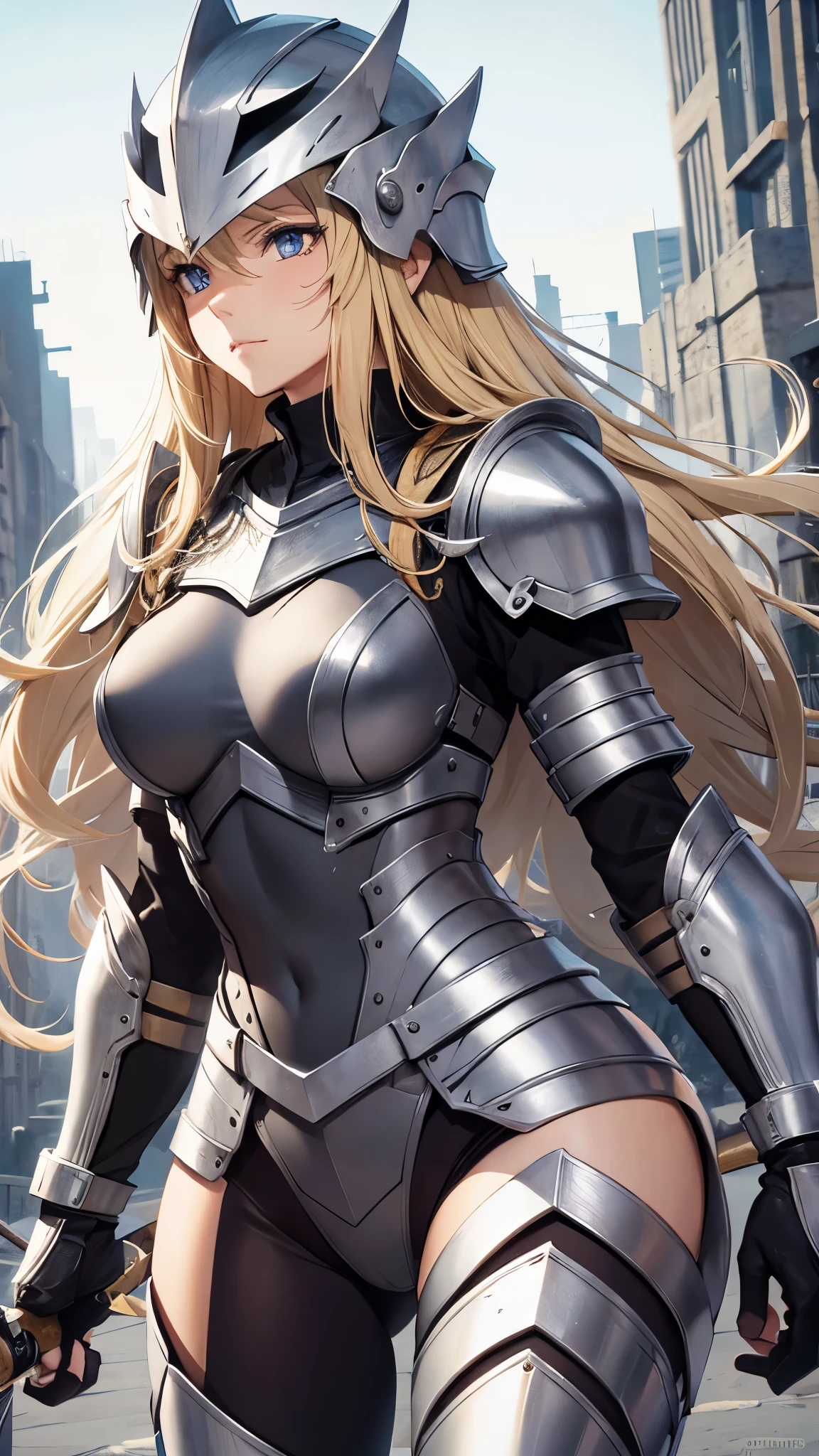 the grassland、1 30-year-old female、Blonde long hair、Knight Commander、messy armor,bodysuit,Put on a helmet、(Holding a sword、Claymore Great Sword),She is fighting monsters