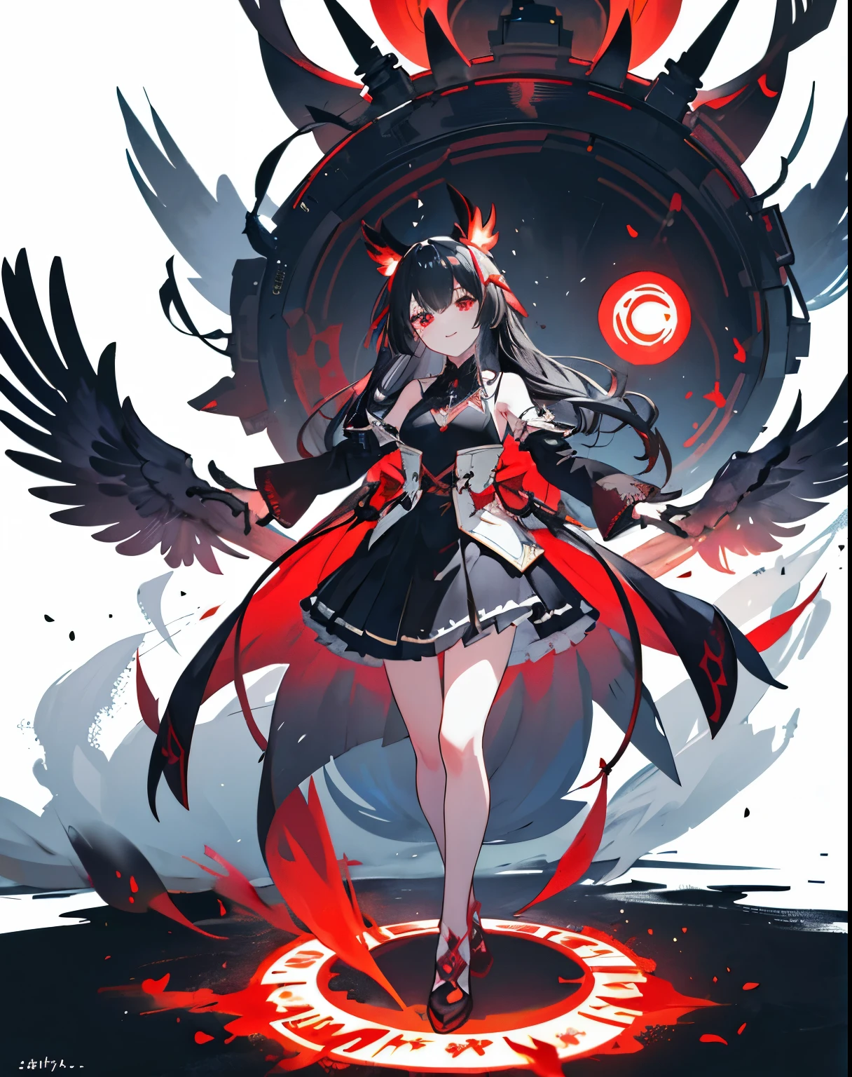 Art Station, White Background, Standing in the Wilderness,whole body、Equipped with Crow Gauntlets、Long Black Hair、triumphant smile、Small breasts、, As if smoke and shadows were given shape, Wings made from giant crows, Dancing crow feathers, Many glowing red eyes, Shadow Claw, Supernatural Lightning and Fire, ((black sun)), 8K High Resolution, トレンドArt Station, whole body,Black feather dress、A whirlpool of countless red-eyed crows、Nova explosion、Nuclear explosion