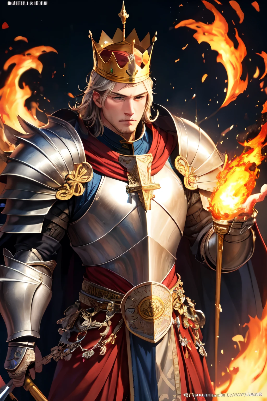 ((best quality)), ((masterpiece)), (detailed), perfect man face, strong man use the crown in the Head, heavy armor, Fire spear