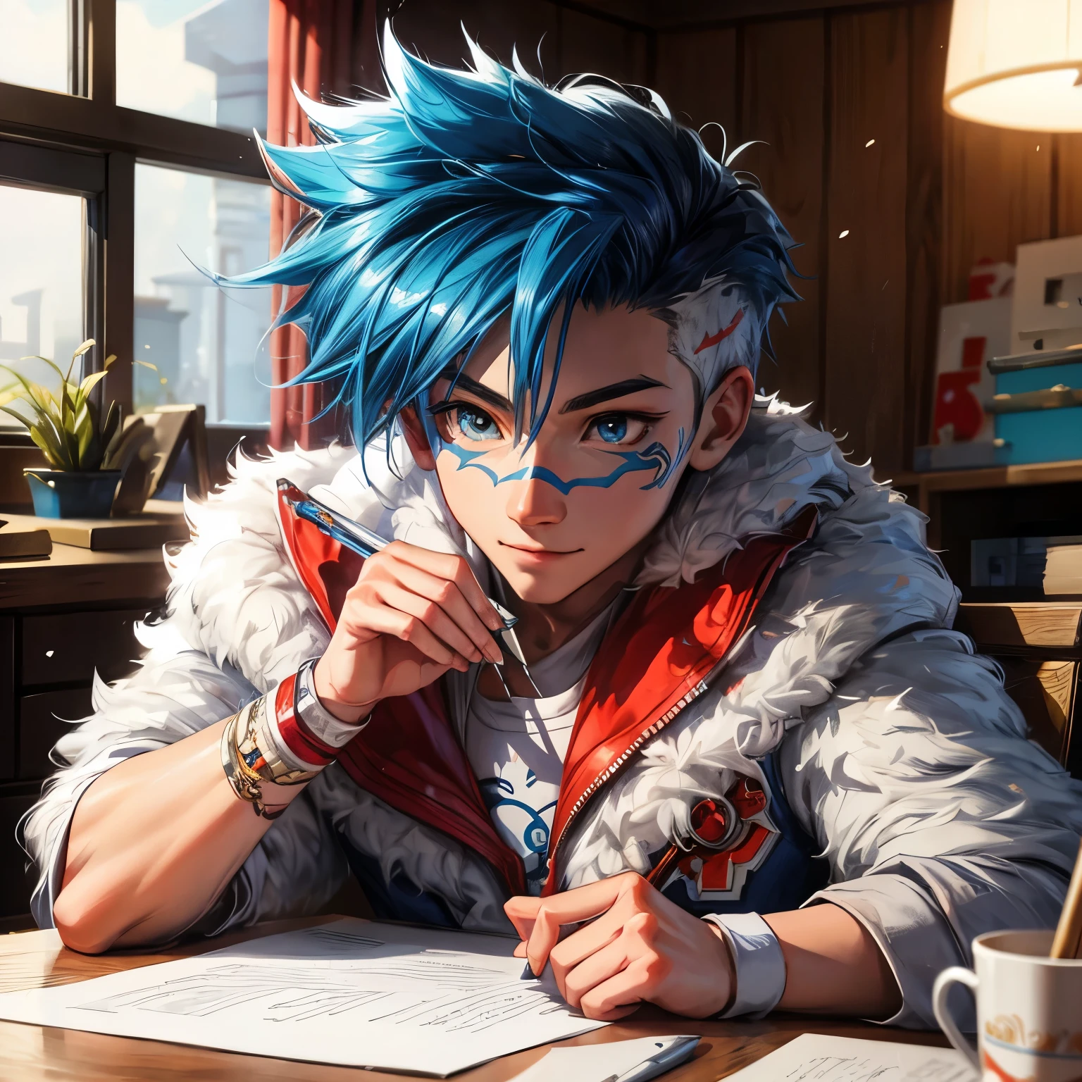 Anime style, detailed digital illustration of a young male character, with blue spiky hair, ((red and white tribal face paint)), and a white and red jacket, sitting at a wooden desk in a cozy, ((warmly lit modern teen room)), writing on a piece of paper with a pen in hand and smiling happily, surrounded by glowing blue orbs of fire, highly detailed, trending on ArtStation, cinematic composition, cartoon