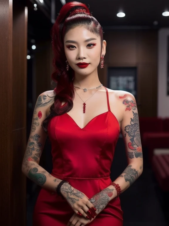 Asian woman with ponytail, woman with white tank top , tattoo on her arms and arms in a red dress, with tattoo, ink, มีtattoo, มีtattoo body, tattoo, of taiwanese girl with tattoo, tattoo and piercings, inkสัก, all red, fully มีtattoo body,