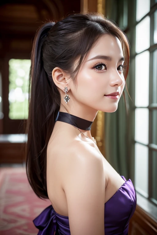 (Tabletop, highest quality, 8k, Official Art, RAW Photos, View Viewer:1.3), Absurd, Violet, Gardenias, Strapless Dress & choker, beautiful girl, Pretty face, Earrings, Black Hair, Film Grain, chromatic aberration, Sharp focus, Face Light, Dynamic Lighting, Cinema Lighting, 超Realistic, High resolution, Highly detailed eyes and face, Sharp pupils, Realistic, (Inside the palace),24-years-old、ponytail、seductive smile、turn around、Back view、the back is wide open