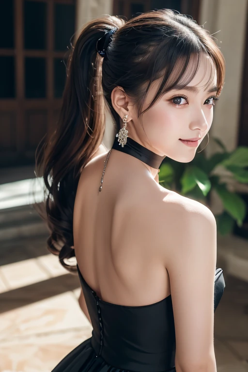  (Tabletop, highest quality, 8k, Official Art, RAW Photos, View Viewer:1.3), Absurd, Violet, Gardenias, Strapless Dress & choker, beautiful girl, Pretty face, Earrings, Black Hair, Film Grain, chromatic aberration, Sharp focus, Face Light, Dynamic Lighting, Cinema Lighting, 超Realistic, High resolution, Highly detailed eyes and face, Sharp pupils, Realistic, (Inside the palace),24-years-old、ponytail、seductive smile、turn around、Back view、the back is wide open