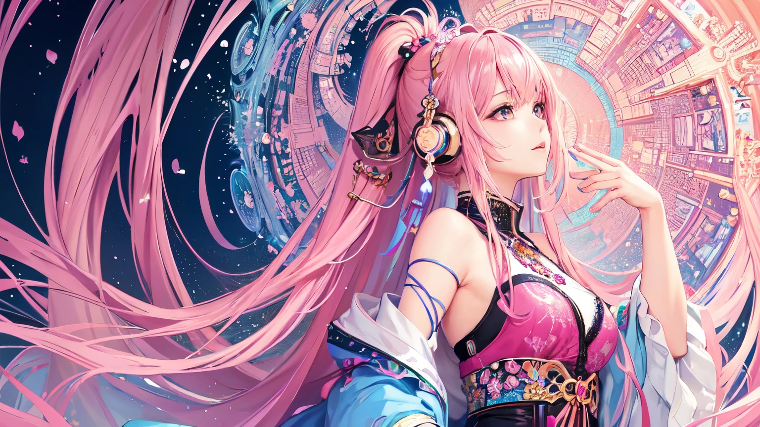 (masterpiece, highest quality, highest quality, Official Art, beautifully、aesthetic:1.2), (One girl), Very detailed,(Fractal Art:1.3),colorful,Most detailed pink hair、I have headphones on。
studying。