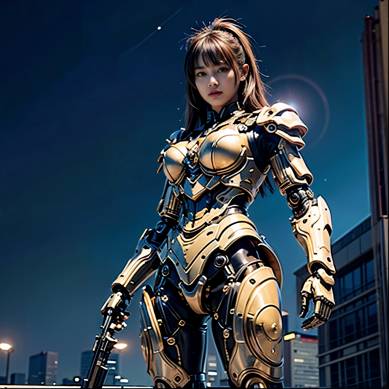 (masterpiece, best quality:1.2), (8k uhd, 16k, 32k, ultra high res), (ultimately intricate detail), (ultimately realistic texture), acrylic coating, turtle-like (mechanical:1.4) armor:1.1), designed by Katoki-Hajime, 1 person, beautiful face female soldier, multiple legs, heavily armored, heavy weapons, ultra realistic, full body shot, night view of bay industrial area, spotlight on character, Photorealistic style