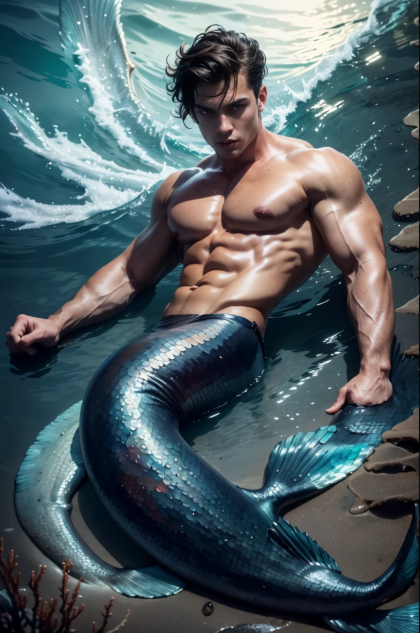 Photo-realistic, ((best quality)), ((masterpiece)), (detailed), perfect human face, short hair, handsome young male model dressed as a mermaid, 18-year-old, super male model, handsome, amazing mermaid tail, tall, cute, evil looking, dark look powerful, young male model, handsome, super strong, muscular, fit, massive muscles, six pack, clean shave, blue eyes, pale skin, (wavy short messy brown hair:1.2), short messy hair, messy wavy hair, (mermaid:1.3), (mermanl:1.3), shirtless, bare-chested, muscle, ripped, strong body, fit body, under the water, night ocean fog, (haunted ocean:1.4), horror sea, evil sea background, dark waters, 8k, high detailed, ultra-detailed, Stylish Pose, real skin texture, dramatic cinematic lighting, (HORROR:1.5), night, night time, dark, full moon
