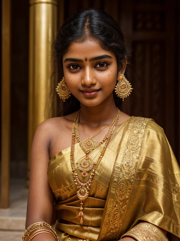 (high quality, masterpiece, HDR, 256K), (hyper-realistic, photorealism) 20 year old extremely beautiful Tamil girl, (intricate detailed extremely beautiful face, eyes, ears, nose, lips, textured skin), eyes symmetry, (bright smile). Sitting in the Temple Entrance.