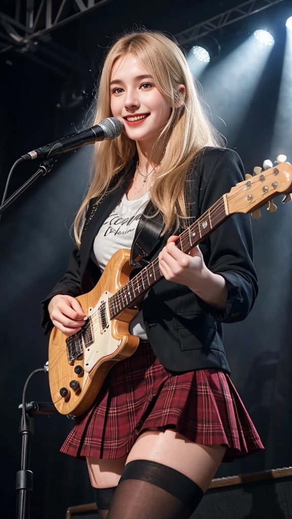 ((best quality)), photorealistic, photorealism, Photorealistic, high resolution, school girl blazer、 black t shirt、Red checked knee-length skirt、Long skirt、JK Style、Jacket、smile、Knee-high socks、Thigh-high socks、pantyhose、A superb beauty、Super cute、ennui、Rare beauty、pony tail hair、Black Dark Eyeshadow、Sad、white skin、pale skin、Long hair straightener、Dark Gothic Makeup、Cute Smile、Fragrant beauty、Stained glass background、Mastepiece、Best Quality、Refers to 5 books、Sweat glistening on my chest、Sweat glistening on my face、Small breasts、Blonde hair、Age 20 years old、Mysterious look、A sad expression、Blonde Hair、mysterious gothic church、enchanting castle、Sweating profusely all over the body、A lot of sweat and light on the thighs、Shiny thighs、Plenty of sweat glistening on the thighs、A large amount of sweat glistens on my thighs、Sweating profusely、Gal、Medium breasts、beautiful face、Alluring expression、Thin thighs、Playing electric guitar、I have an electric guitar、Sing a song enthusiastically、Playing guitar in a band、Playing guitar chords、Live House Background、Sing a song、Open your mouth、Live house scenery、Mike stand、Glamorous live stage、Dynamic Angle、cinematic lighting