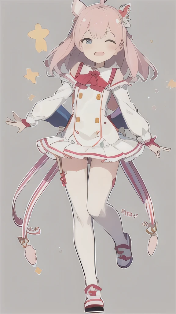Masterpiece ,best quality, girl,,cute,cartoon anime,outline,full body,cute smile,Light pink background,cute outfit,Stand alone.,Cute hairstyle, tie your hair,Clear picture