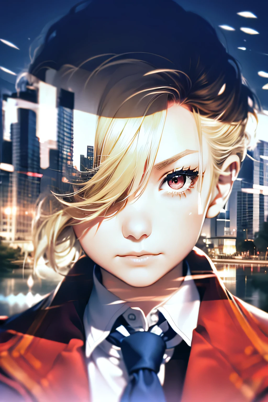 (((Barrette)))、(((Hair on one eye)))、(((Blonde short hair))),(((Red eyes)))、(Blue blazer)、White shirt、(Red tie)、Photorealistic、(((Super multiple exposure effect where the background can be seen through the clothes)))、With a girl、Laughter、Lakeside in the background、wonderful、(towards the night view, If you leave the shutter open for a long time)、create a line of light.