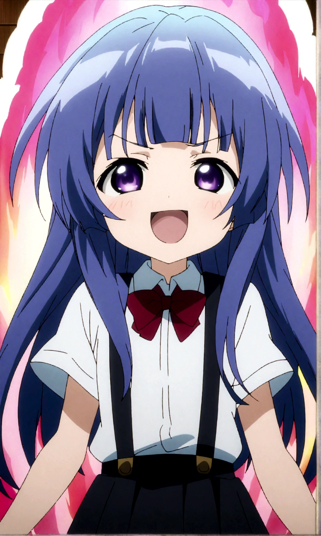 score_9,score_8, score_8_up, BREAK 1girl, solo, furude rika, (tween), kawaii, blue hair, purple eyes, long hair, blunt bangs, bangs,straight-on, simple background, white background, bow, skirt, shirt, suspenders, smile, short sleeves, pleated skirt, white shirt, open mouth, :d, red bow, facing viewer,^_^,smug, suspender skirt, , black skirt, collared shirt, blush, bowtie, blunt bangs, dress shirt,masterpiece, best quality, source_anime,anime screencap,anime coloring,standing,mediumshot,aura,Raising the wand,Conjuring magical flames,
