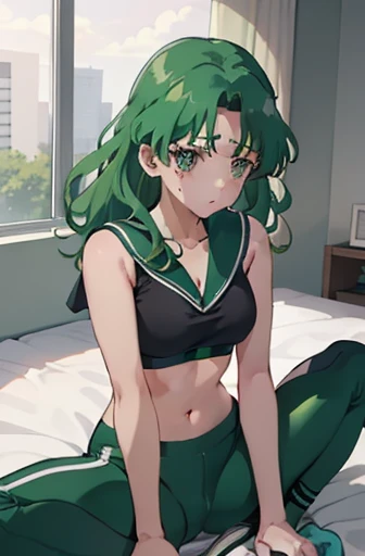 masutepiece, Best Quality, 1girl in, (Sailor Neptune),Green head hair, (Green eye:1.2),((Sportsbra))、((Bike Pants))、length hair、((embarassed expression))、((Bedroom))、((yoga))、((Spread your legs apart))、((thigh-high socks))