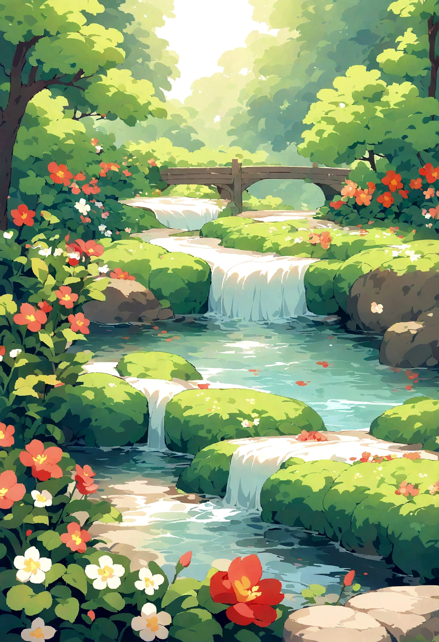 Pixelart generates beautiful and tranquil garden images, There are colorful flowers, Gentle Stream, And the sounds of nature. Show tranquility, Life, and the beauty of a perfect day.