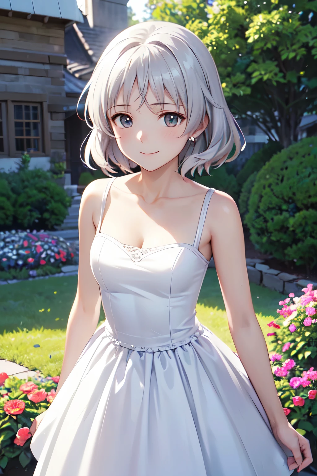 High resolution, highest quality, super high quality,3D Images,garden、flower bed、One girl, (Anime illustration style:1.5）,Sanya V. Litvyak 、smile、Closed Mouth,clavicle,White Party Dresses,Absolute reference to center、Cowboy Shot、Highly detailed face, Perfect lighting, Highly detailed CG、Standing、