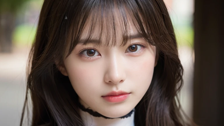 (Long Hair, bangs:1.2),(Put on a choker, Wear a black blouse:1.2),1 girl,Japanese,21 years old,(Small breasts:1.3),(highest quality,masterpiece:1.3,超A high resolution,),(Ultra-detailed,Caustics),(Photorealistic:1.4,RAW shooting,)Ultra-Realistic Capture,Very detailed,High resolution 16K human skin close-up。 Natural skin texture、,Pores、、It needs to be detailed enough to be easily identifiable。 Skin should be even-toned and healthy looking。 Use natural light and colour, Sad expression, Looking at the camera, Perfect dynamic composition, Outdoor