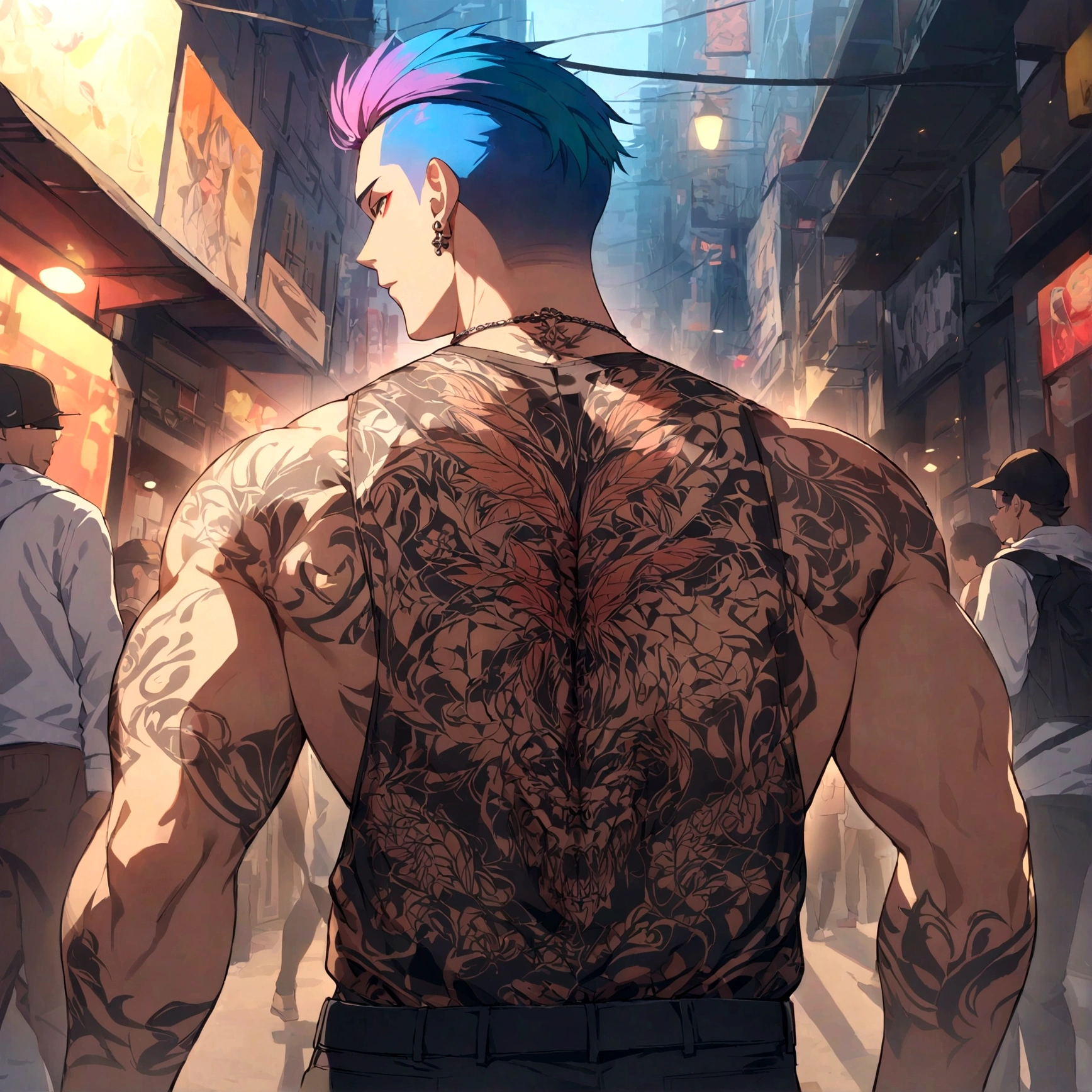 Strong muscular boy，Tattoo of the feather on the back, Street style, High resolution details, urban atmosphere, Vibrant colors, Dramatic Lighting