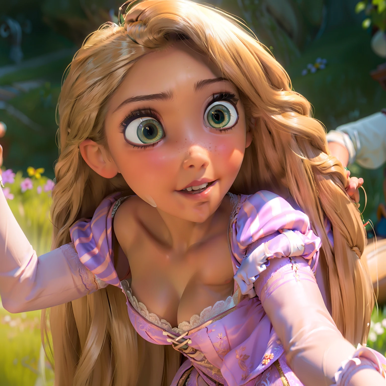 Rapunzel open thighs,white panties,shoot from below,breasts, cleavage,wind from below,long dress, long sleeves, puffy sleeves, blonde hair, green eyes, long_hair,