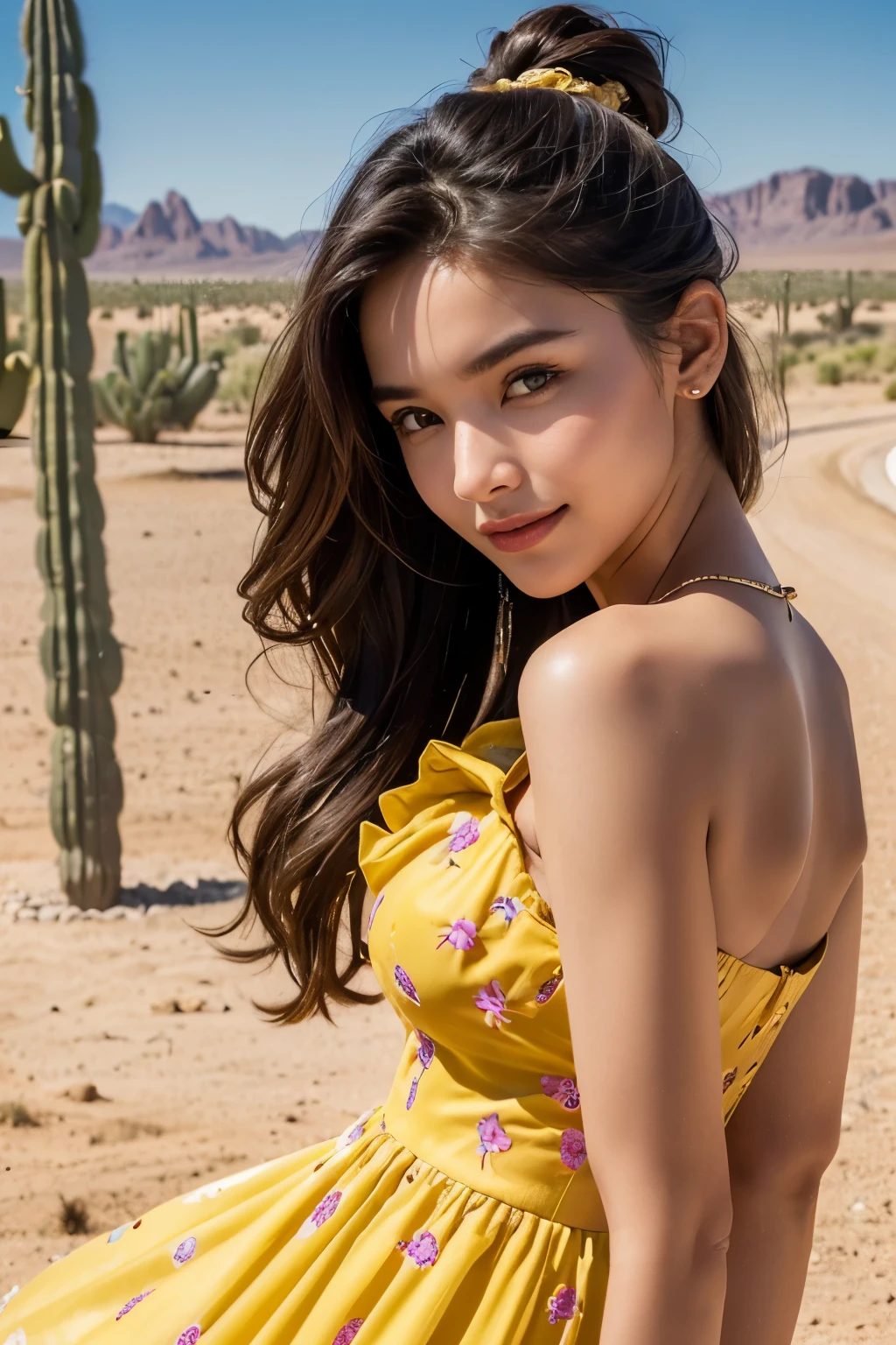 8K, best quality, very detailed:1.37), Eliana, ((18 years)), beautiful asian girl, (sahara desert), ((flat desert view)), (((motorway))), ((cactus)), (sand surface), (desert sand), ((Evening Light)), (Beautiful Luxury Floral Yellow Sundress), ((Luxurious yellow floral color dress)), High-resolution images capture extremely detailed realism., highlighting Eliana's determined expression, piercing eyes, And a confident attitude, Adds authenticity and meaning to images.. This visually striKing representation showcases Eliana's strength and dedication as a Beauty, cute Knees, cactus, beautiful smile 1:2, ((detailed face)), ((perfect body)), ((detailed hair)), ((detailed dress)), K, stylish pose, (Big ice cube in bacKground),