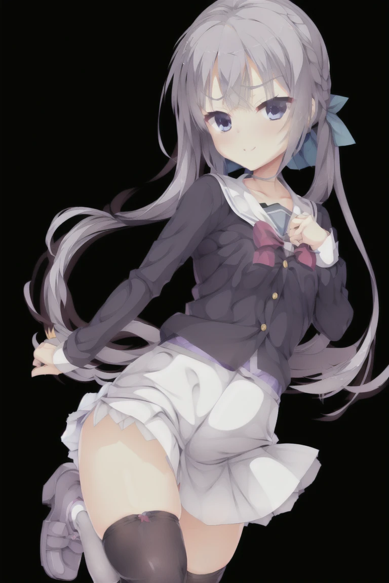 1girl,smiling,bangs,long_hair,ribbon,solo,blue_eyes,blush,silver_hair,simple_background,skirt,white_background,open_mouth,eyebrows_visible_through_hair,smile,looking_at_viewer,thighhighs,school_uniform,long_sleeves,serafuku,hair_ornament,hairclip,shadow,hairband,hair_between_eyes,standing,one_eye_closed,white_skirt,hair_ribbon,shirt,full_body,pleated_skirt,bow,bowtie,grey_hair,very_long_hair,white_shirt,black_footwear,collarbone,shoes,buttons,white_legwear,zettai_ryouiki,sailor_collar,hair_bow,blue_bow,yellow_bow,hand_up,blue_hairband,blue_ribbon,yellow_neckwear,index_finger_raised,standing_on_one_leg,;d,mary_janes,drop_shadow,white_sailor_collar,full_body,Character portrait,Bedroom,expensive_solve, clear_image, expensive_Contrast, 8k, Sparkling, beautiful_detailed_face_and_eye, (Dark Brown Hair:1.25), 白 eye,Black background