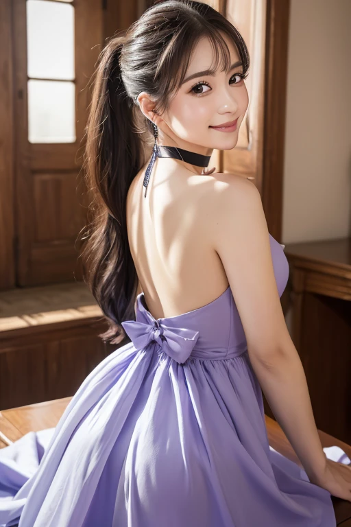  (Tabletop, highest quality, 8k, Official Art, RAW Photos, View Viewer:1.3), Absurd, Violet, Gardenias, Strapless Dress & choker, beautiful girl, Pretty face, Earrings, Black Hair, Film Grain, chromatic aberration, Sharp focus, Face Light, Dynamic Lighting, Cinema Lighting, 超Realistic, High resolution, Highly detailed eyes and face, Sharp pupils, Realistic, (European Castles),24-years-old、ponytail、seductive smile、turn around、Back view、back、topless、The upper body is not wearing anything