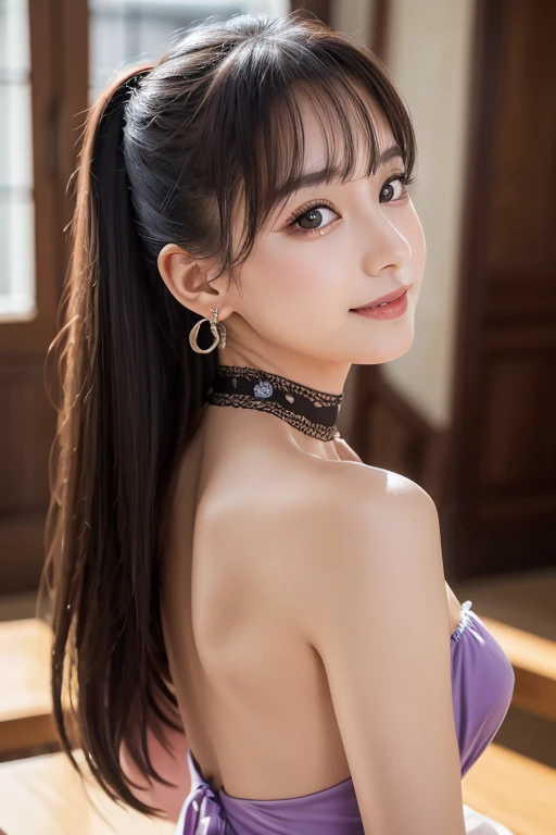  (Tabletop, highest quality, 8k, Official Art, RAW Photos, View Viewer:1.3), Absurd, Violet, Gardenias, Strapless Dress & choker, beautiful girl, Pretty face, Earrings, Black Hair, Film Grain, chromatic aberration, Sharp focus, Face Light, Dynamic Lighting, Cinema Lighting, 超Realistic, High resolution, Highly detailed eyes and face, Sharp pupils, Realistic, (European Castles),24-years-old、ponytail、seductive smile、turn around、Back view、back、topless、The upper body is not wearing anything