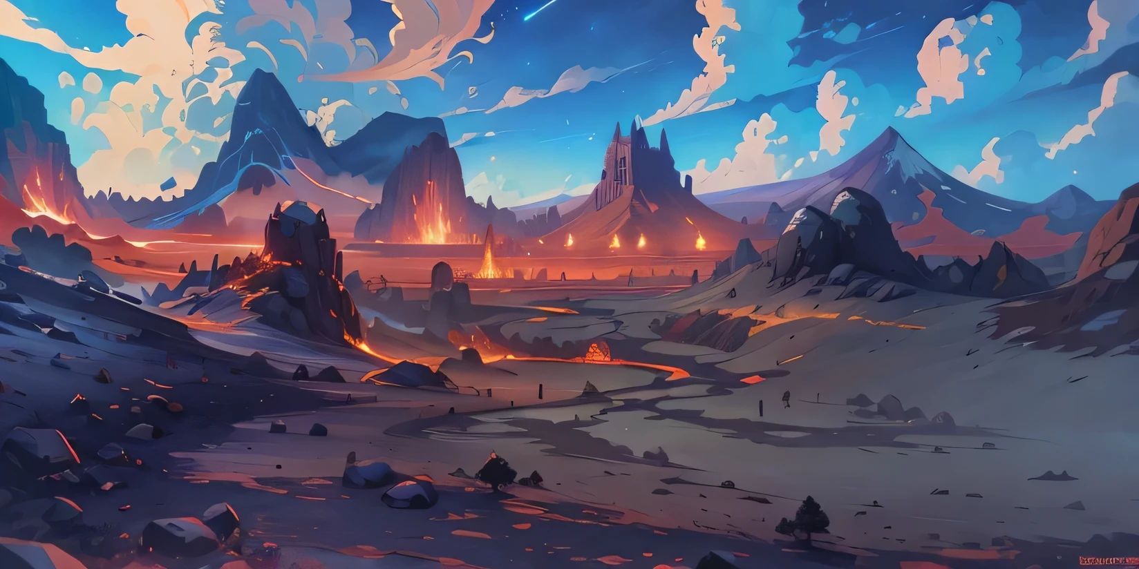 Volcano scene，middle Ages，Horizontal，Cartoon，Clean ground，Isometric 2D Game Art， masterpiece， Super detailed good quality