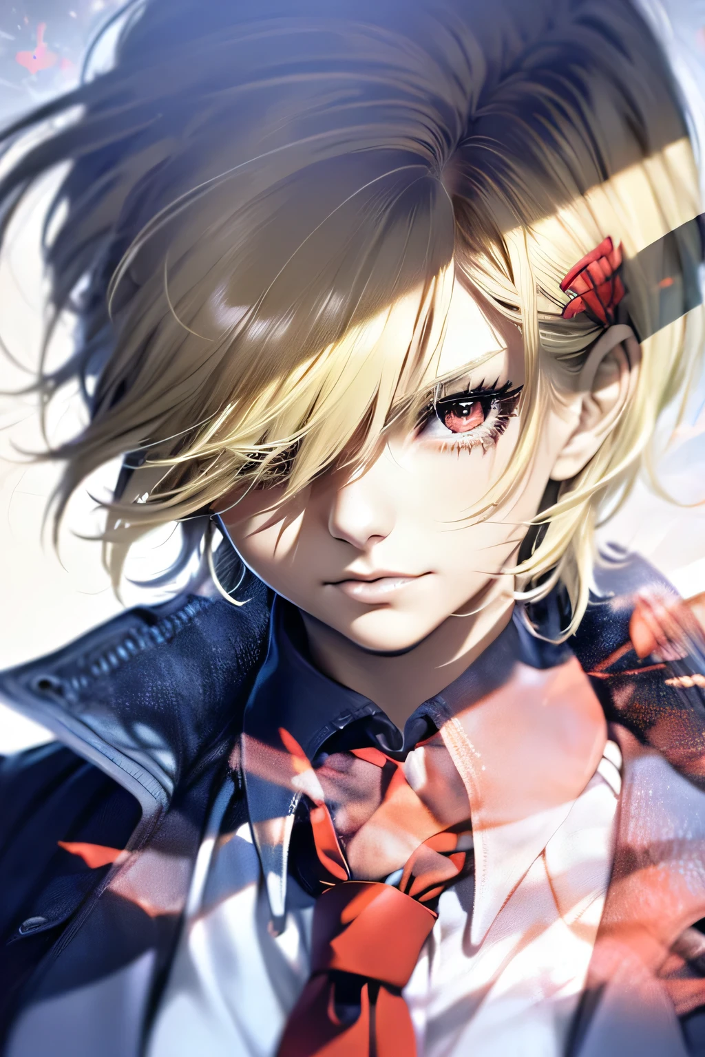 (((Barrette)))、(((Hair on one eye)))、(((Blonde short hair))),(((Red eyes)))、(Blue blazer)、White shirt、(Red tie)、Photorealistic、(((Super multiple exposure effect where the background can be seen through the clothes)))、With a girl、Laughter、Lakeside in the background、wonderful、(towards the night view, If you leave the shutter open for a long time)、create a line of light.