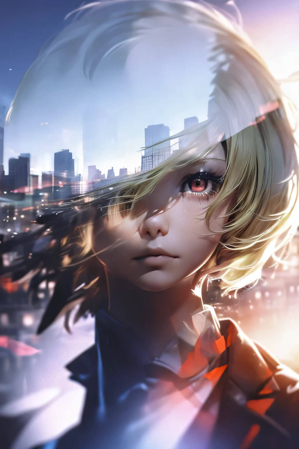 (((Barrette)))、(((Hair on one eye)))、(((Blonde short hair))),(((Red eyes)))、(Blue blazer)、White shirt、(Red tie)、Photorealistic、(((Super multiple exposure effect where the background can be seen through the clothes)))、With a girl、Laughter、Lakeside in the background、wonderful、(towards the night view, If you leave the shutter open for a long time)、create a line of light.