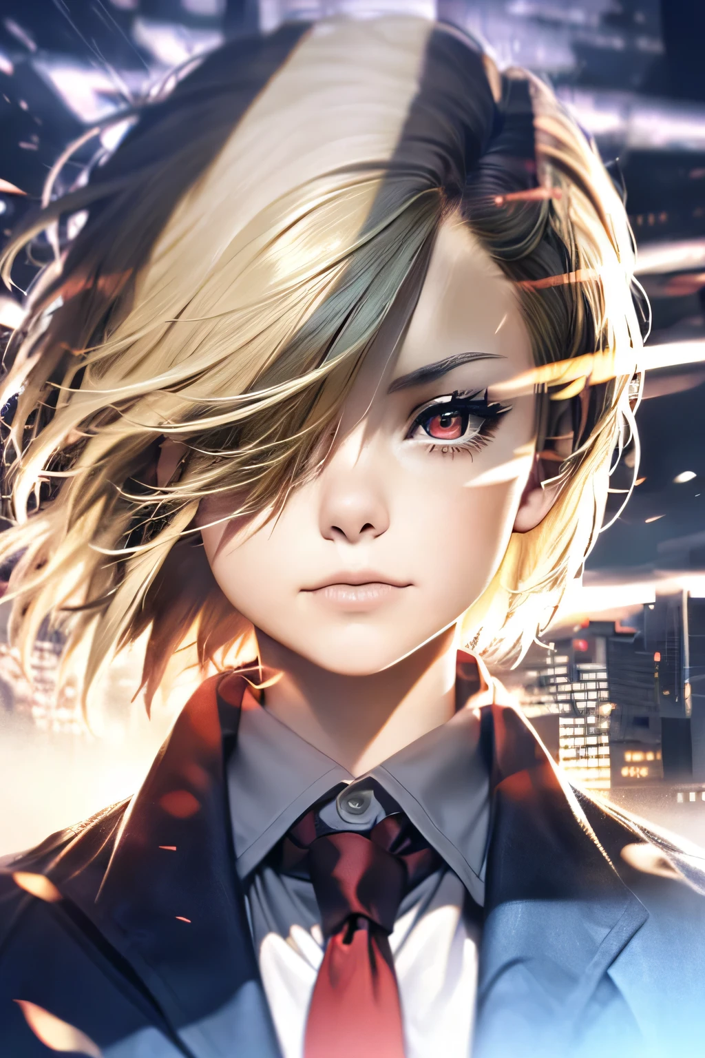 (((Barrette)))、(((Hair on one eye)))、(((Blonde short hair))),(((Red eyes)))、(Blue blazer)、White shirt、(Red tie)、Photorealistic、(((Super multiple exposure effect where the background can be seen through the clothes)))、With a girl、Laughter、Lakeside in the background、wonderful、(towards the night view, If you leave the shutter open for a long time)、create a line of light.