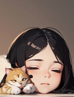 masterpiece, 最high quality, (((Girl lying face down)))、((Cat lying on head))、, Beautiful details, Beautiful and sophisticated cat,, very fine fur, Soft and fluffy, Adorable, Playful, Curious look, Long Hair Girl, Girl looking up at cat, Intricate details, high quality, 8k, Realistic, masterpiece, Natural light, Warm tones