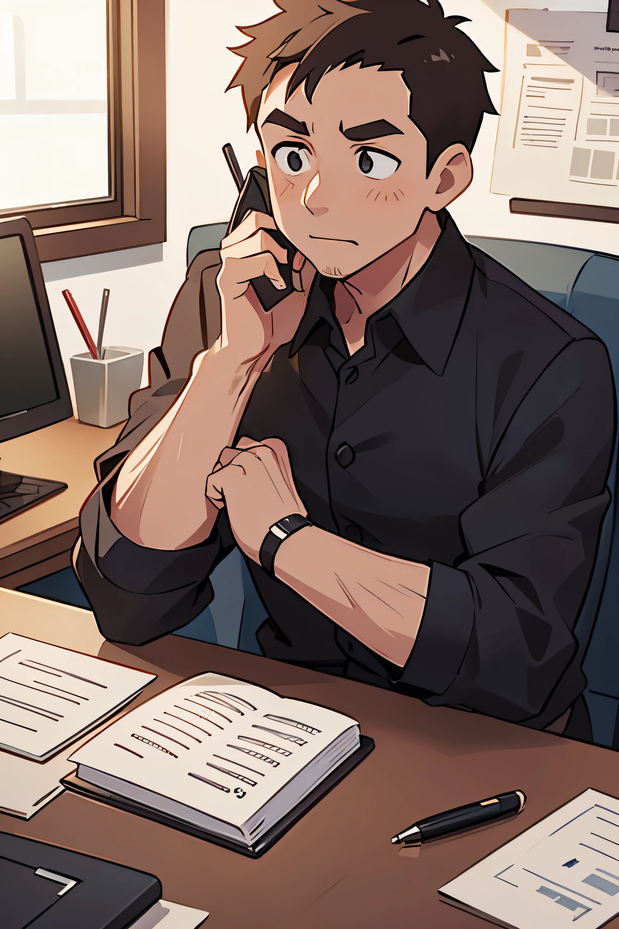 A 45-year-old male boss,Wearing a black collared shirt,On the phone,Sitting in the office,There are documents,Coffee