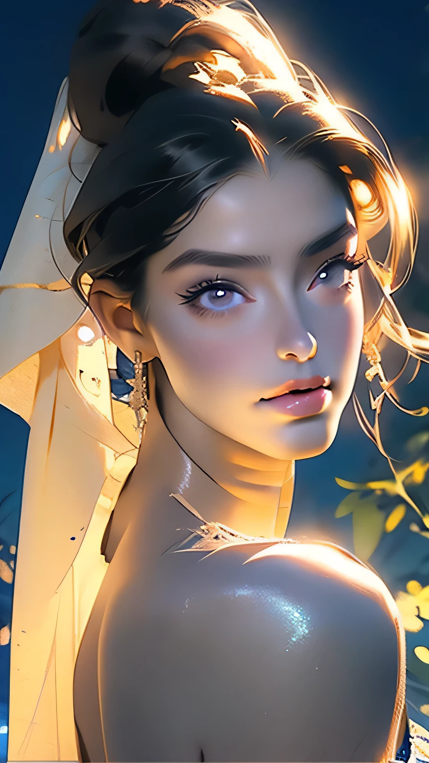 beautiful woman wearing a dress,Upper body portrait、8k,Beautiful details in the eyes,Dindal effect、masterpiece, 最high quality, high quality, High resolution、Super detailed photos、(Natural skin texture、Detailed skin、Hyperrealism、Ultra Sharpness)、Skin with attention to detail、(Very detailed、Detailed skin texture、Intricate details、Beautiful Face、(A vivid face)、Realistic eyes、Beautiful and fine details、Realistic Skin、Beautiful skins、Surreal、Very detailed、Golden Ratio、((Night moonlight background))、Upper body portrait