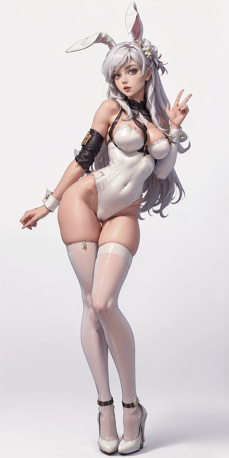 High quality, best rendering), (Beautiful Woman, Mirko, My Hero Academia), muscular body, thick muscular legs, big buttocks, pitch black tanned skin, big breasts, silver hair, long straight hair, Sanpaku eyes, red eyes, thin eyebrows, no lashes, rabbit ears with long ears, elaborate hair, psychopath, crazy face, glaring at viewers, grinning mouth, Sleeveless white leotard up to the neck, blue edges, blue knee-high socks, high-tech sneakers, squatting with heels on the ground, M-shaped legs, legs spread wide, hands on the ground, center, scales to fit dimensions, camel toes, shot from below