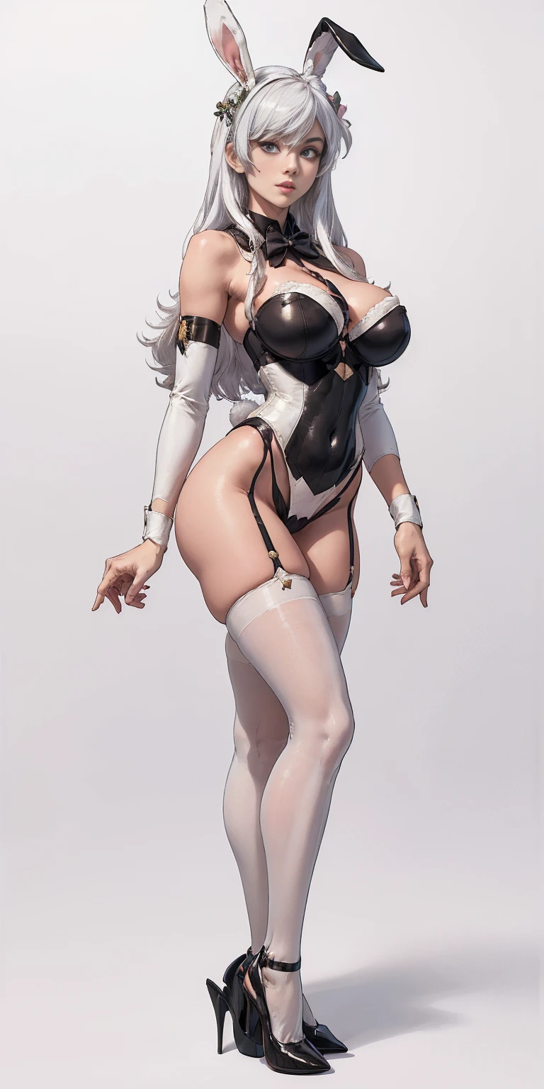 (Masterpiece, plain background:1.2) 1sologirl standing straightforward symmetrical wearing whitish playboy bunny outfit, whitish high heels 👠 whitish hair, whitish stockings, whitish sleeves, whitish fluffy bunny ears, 😍 👌 😀 ✨️ ♥️ ❤️pupils eyes symbol