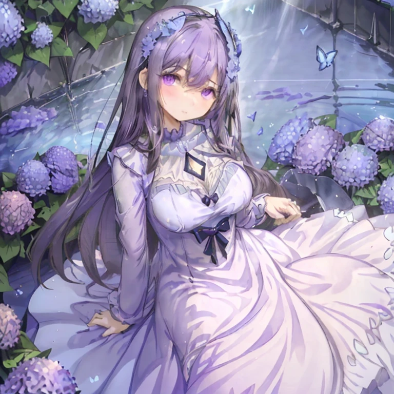 1 girl、Mature、Ample breasts、Purple Hair、Long Hair、Purple Eyes、Sharp Eyes、Hydrangea Dress、Blue hydrangea、Butterflies fluttering、A dress decorated with hydrangeas、Beautiful Blue、Water Drop、prism、Weather showers、The sunlight shines、Cinema Lighting、High resolution、highest quality、