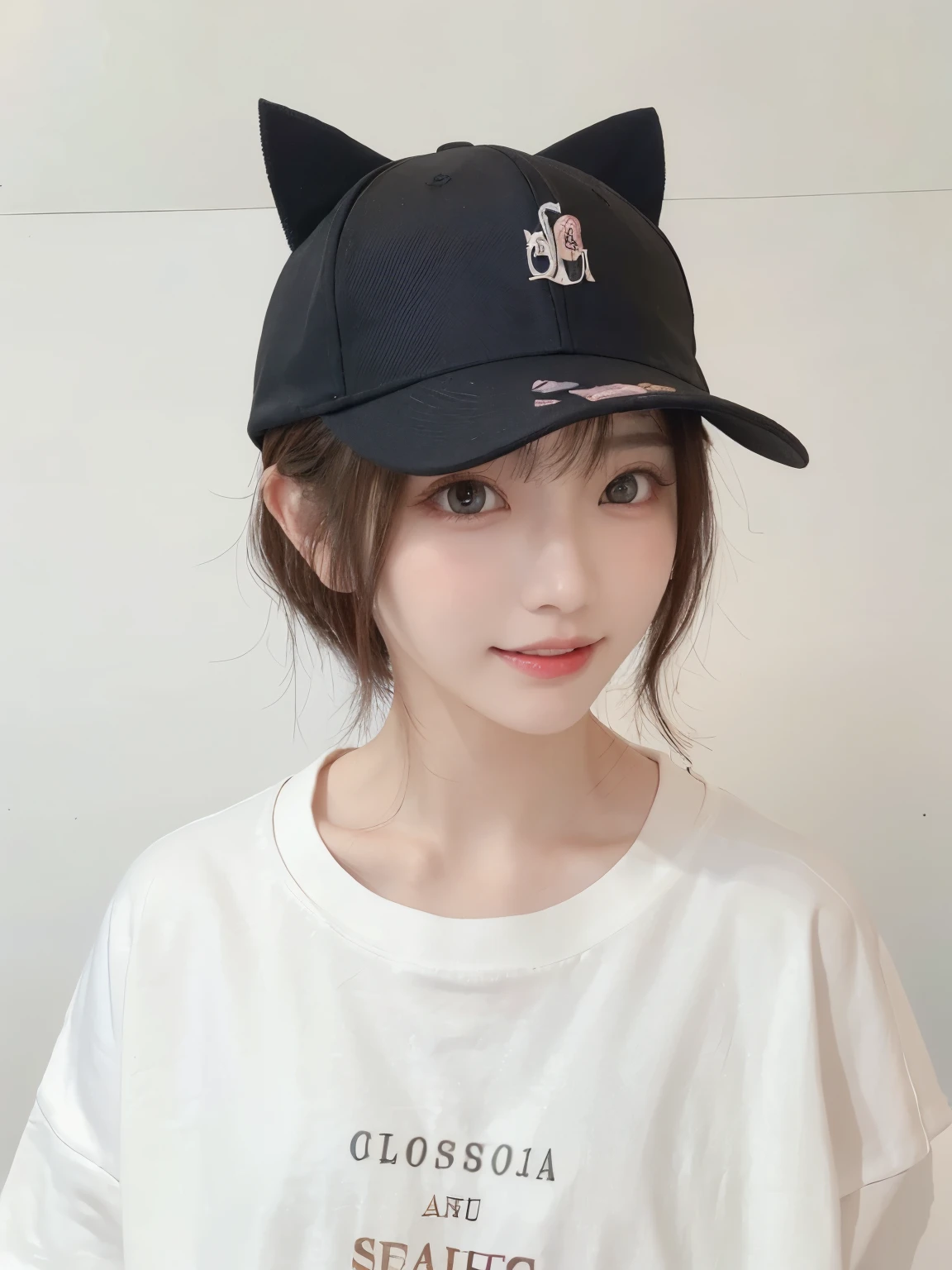 Best image quality、original photo、ultra high resolution、21 years old Korean、small breasts、dynamic angle、Cowboy shooting、The most beautiful form of chaos、elegant、Innovative design、bright colors、,light brown short hair、disheveled hair、light brown eyes 、black baseball cap(Facial expressionSmile)、short bob、Smile、Fair and shiny skin、beautiful eyes,random colors、The details are very beautiful、thin lips、Delicate and beautiful eyes、elongated eyes、Pale pink cheeks、long eyelashes、beautiful double eyelids、eye shadow、he、White Large T-shirt Sweatshirt、baggy pants、Shot from the side、sexy pose、enlarge